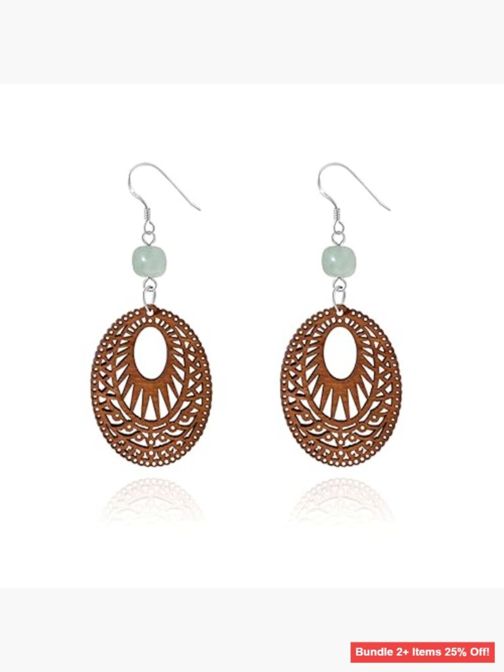 Wooden Drop Earrings with Jade Beads, 925 Sterling Silver Hook, 6.8cm